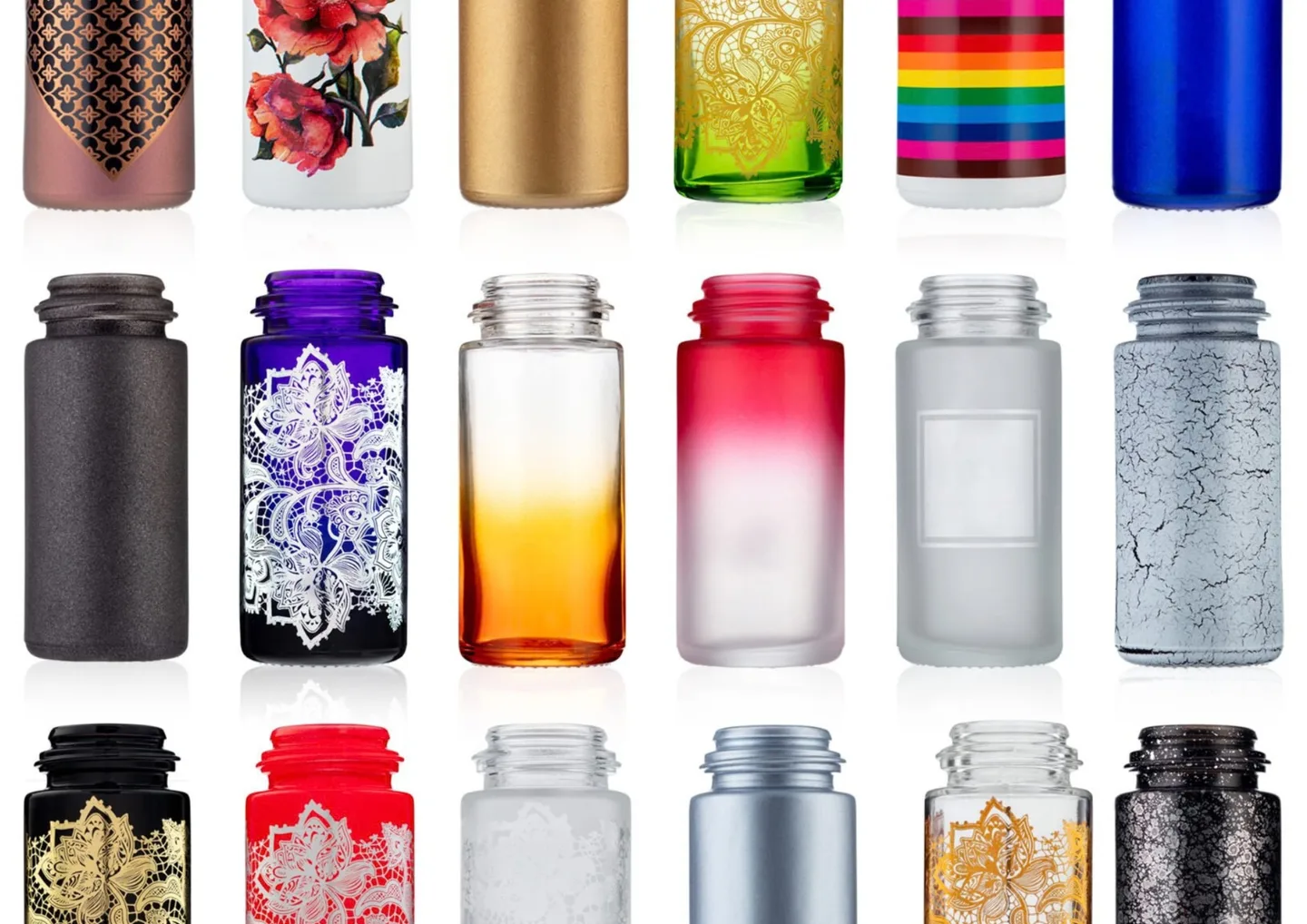 Three rows of elaborately decorated glass bottles are arranged neatly against a white background. The bottles are all multi-coloured, with different designs, and some feature foil-stamping.
