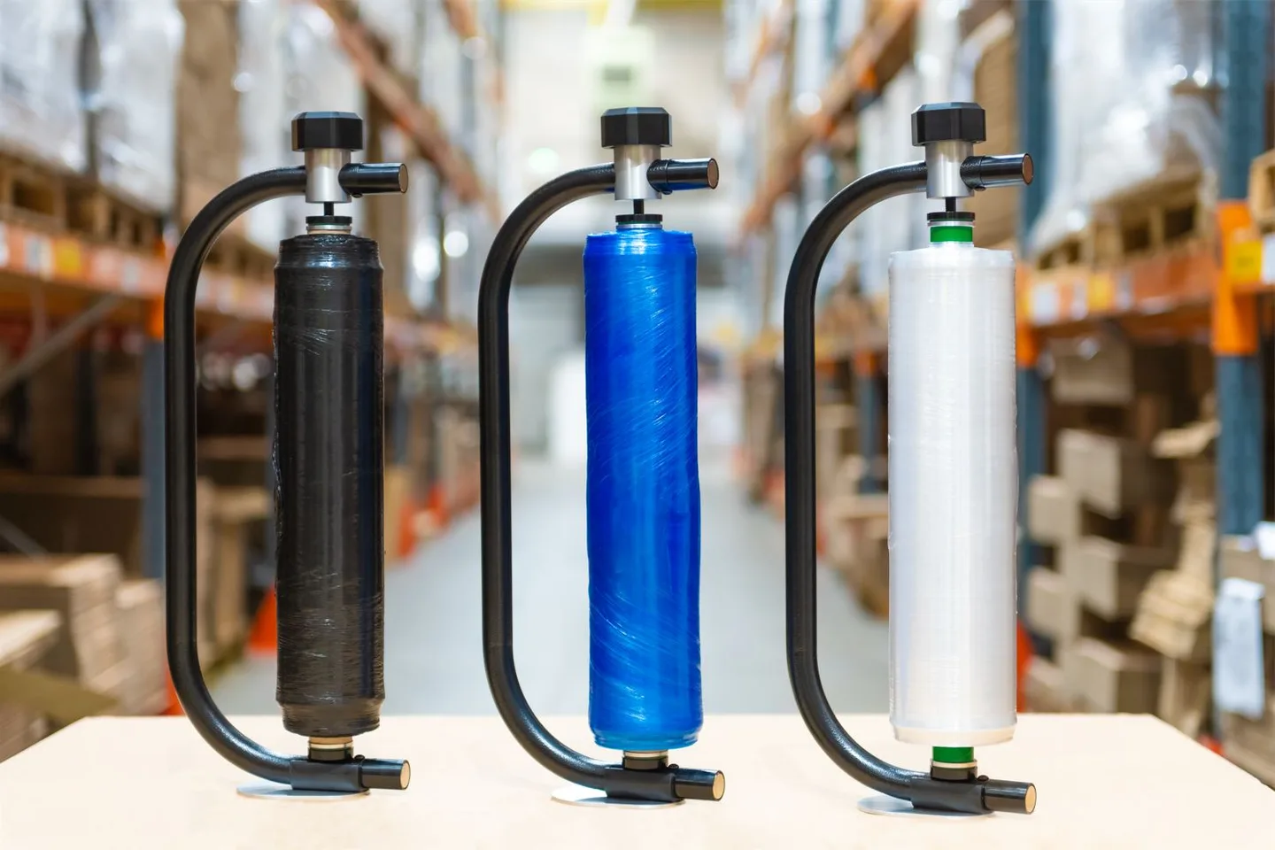 Three colours of WRAPIDO® Nano Hand Pallet Wrap and Ergonomic Dispensers.