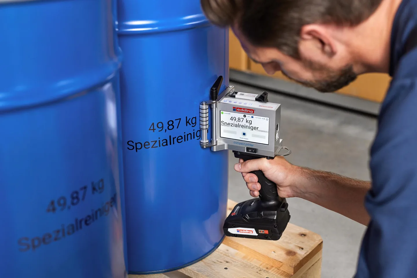 Printing on round material with a handheld coding system.