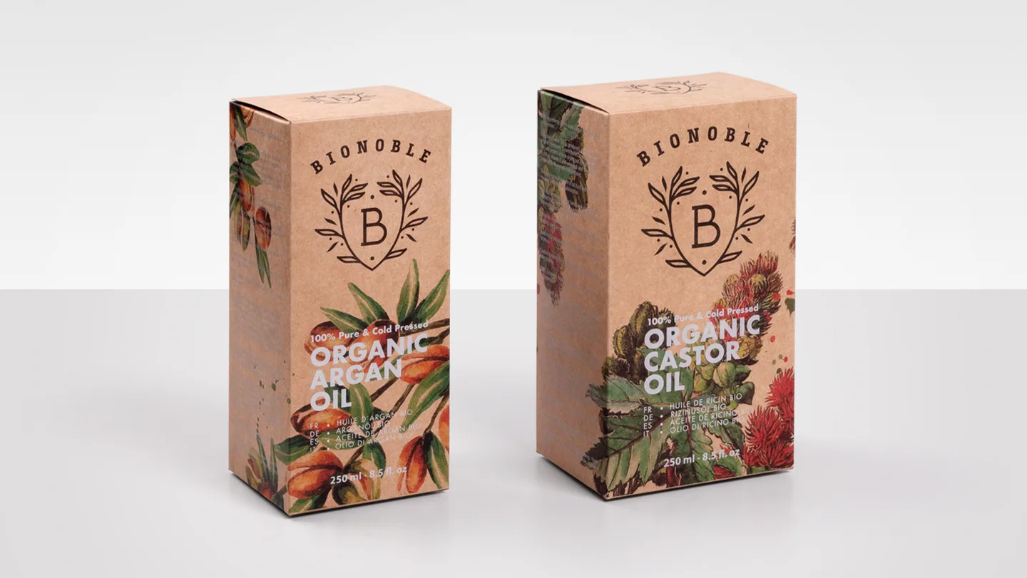 Kraft boxes for cosmetics with a combination of printing techniques so that the box is easily recyclable and keeps it's natural feel.